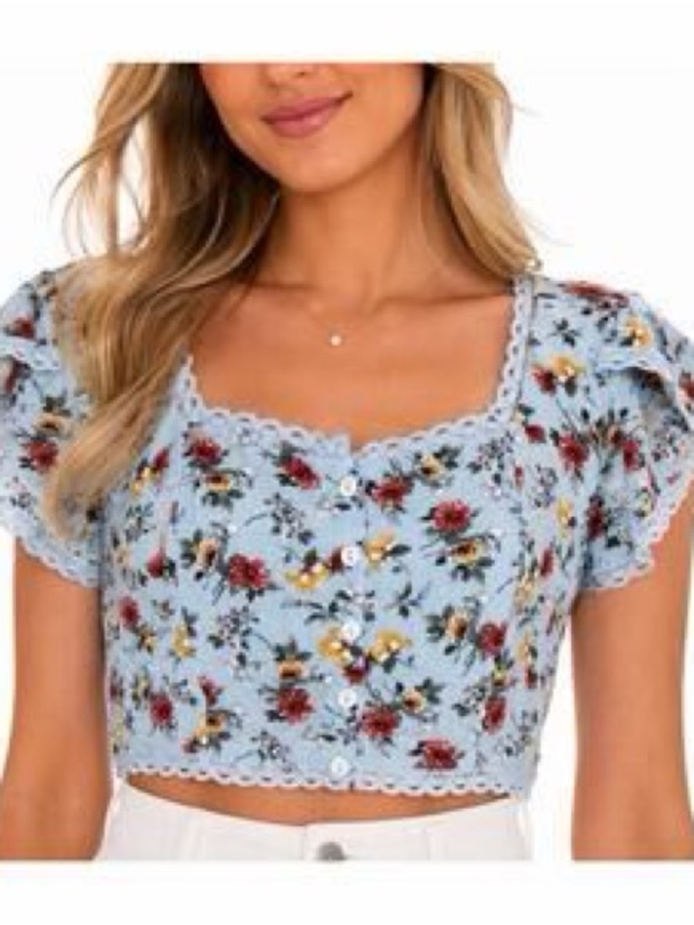Olivaceous Light Blue Ditsy Floral Crop Top
